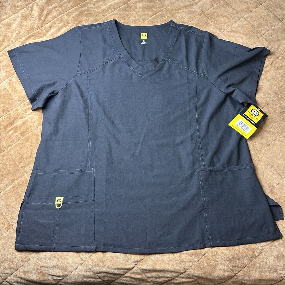 New WonderWink PLUS Scrub Top 3X Charcoal Pewter Gray V-Neck Women Workwear